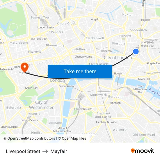 Liverpool Street to Mayfair map