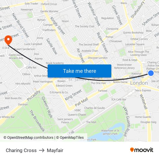 Charing Cross to Mayfair map