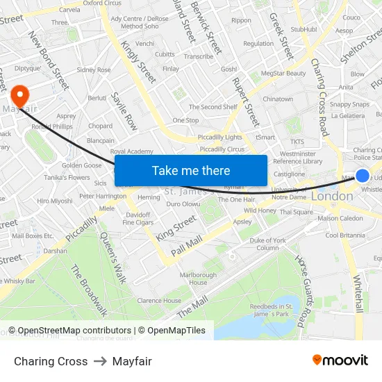 Charing Cross to Mayfair map