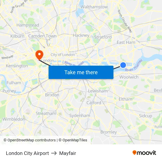 London City Airport to Mayfair map