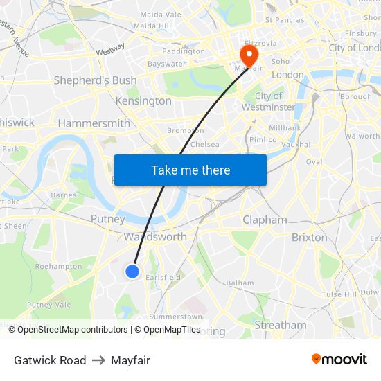 Gatwick Road to Mayfair map