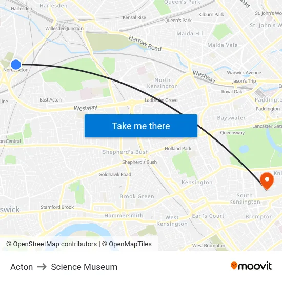 Acton to Science Museum map
