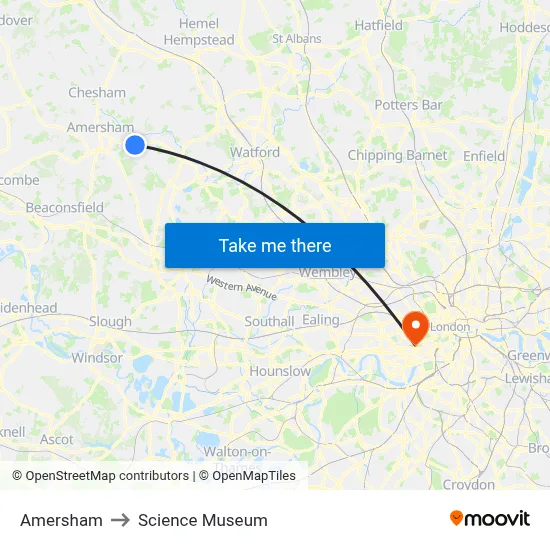 Amersham to Science Museum map