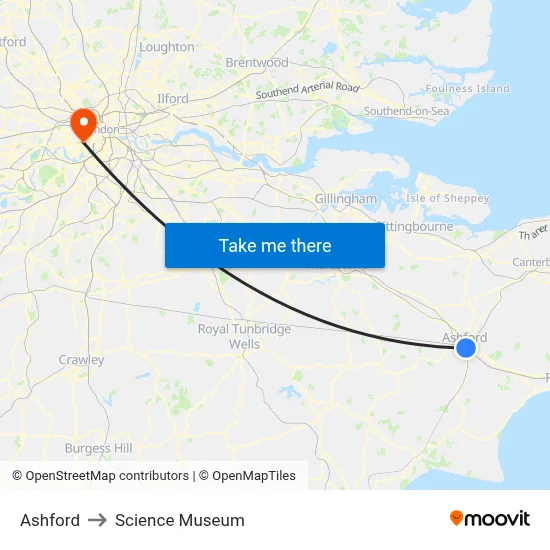 Ashford to Science Museum map