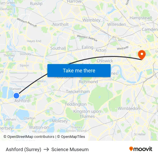 Ashford (Surrey) to Science Museum map