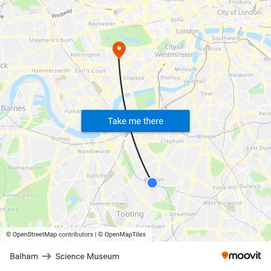 Balham to Science Museum map