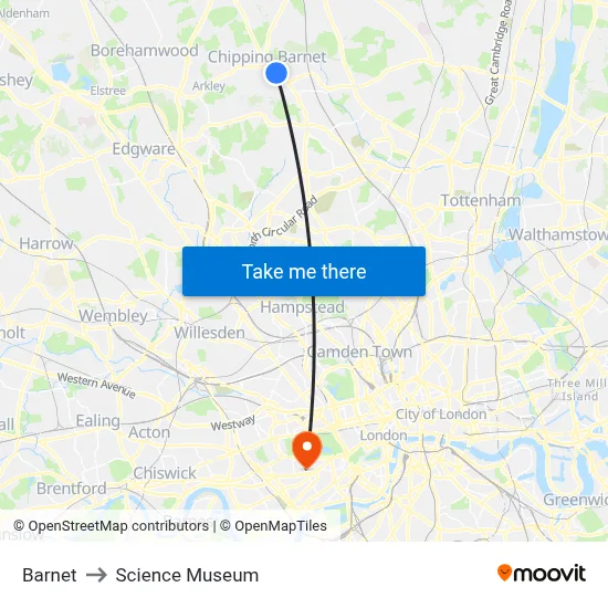 Barnet to Science Museum map