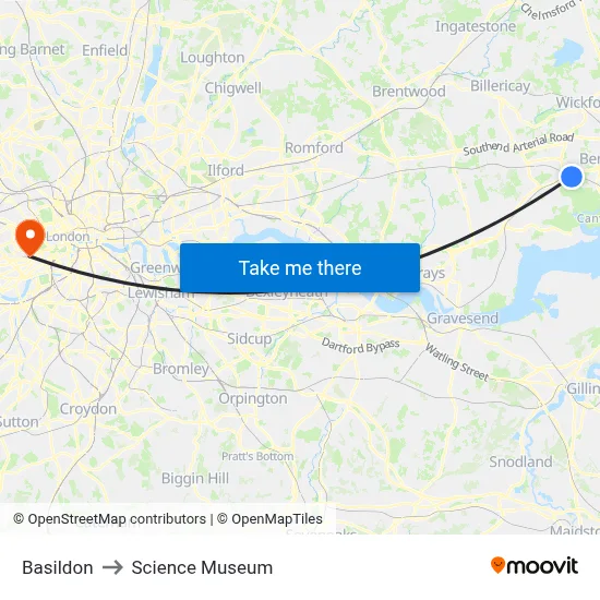 Basildon to Science Museum map