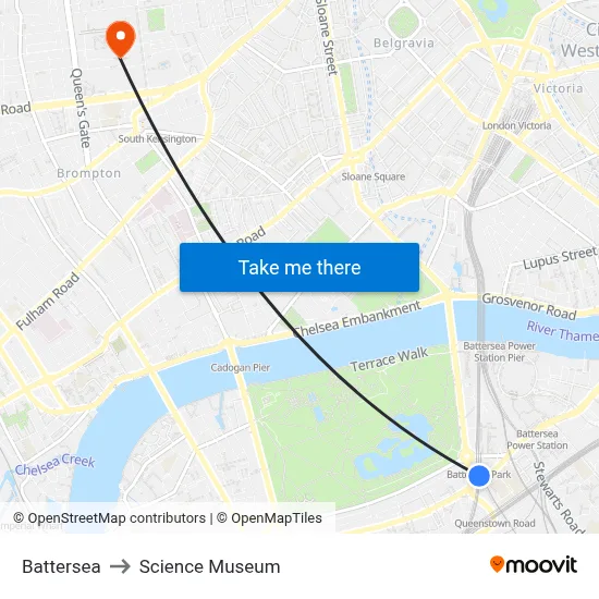 Battersea to Science Museum map