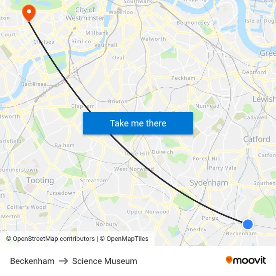 Beckenham to Science Museum map