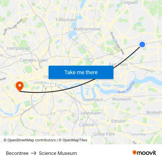 Becontree to Science Museum map
