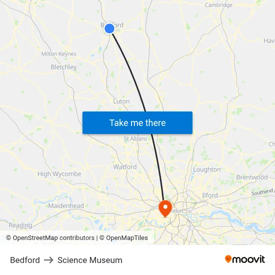 Bedford to Science Museum map
