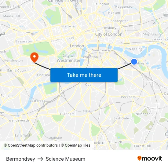 Bermondsey to Science Museum map