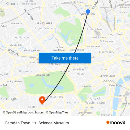Camden Town to Science Museum map