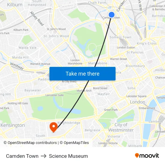 Camden Town to Science Museum map
