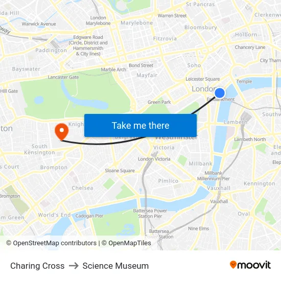 Charing Cross to Science Museum map
