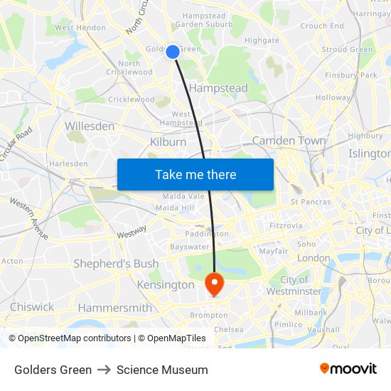 Golders Green to Science Museum map