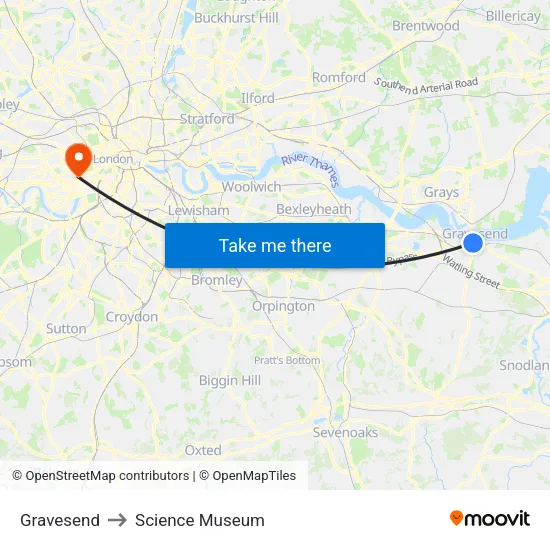 Gravesend to Science Museum map