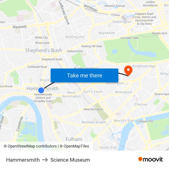 Hammersmith to Science Museum map