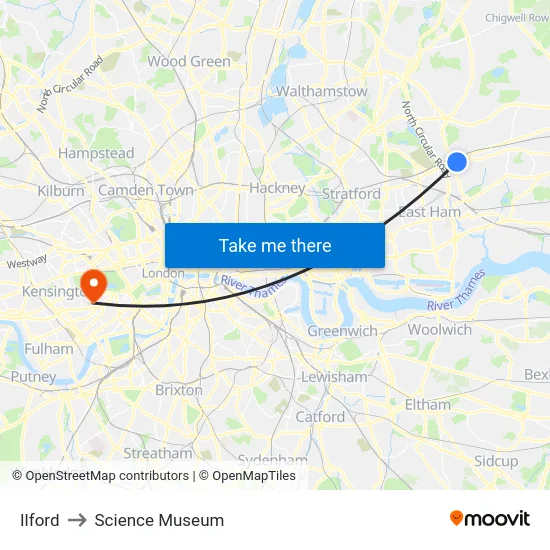 Ilford to Science Museum map
