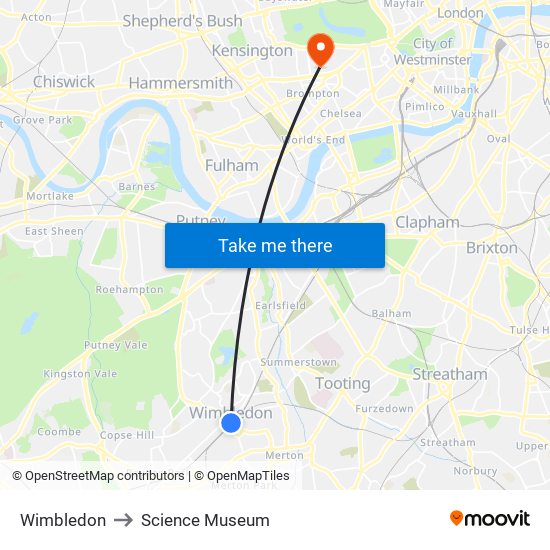 Wimbledon to Science Museum map