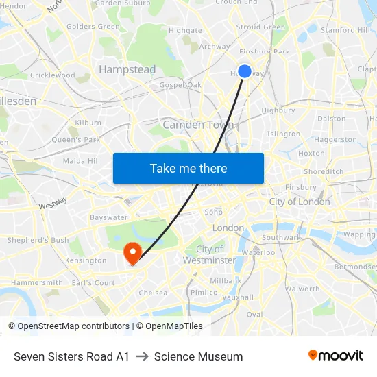 Seven Sisters Road A1 to Science Museum map