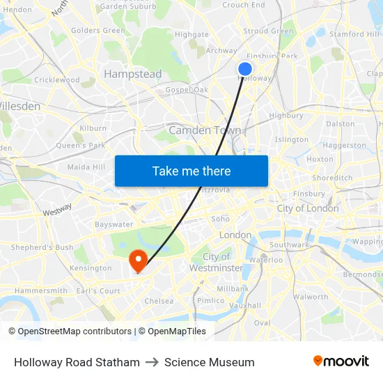 Holloway Road Statham, Holloway London to Science Museum map
