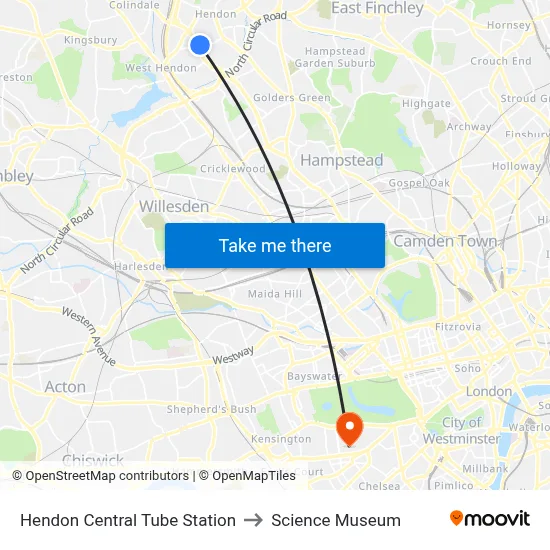 Hendon Central Tube Station to Science Museum map