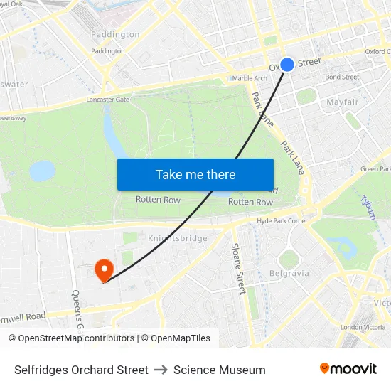 Selfridges Orchard Street, Marylebone Londra to Science Museum map