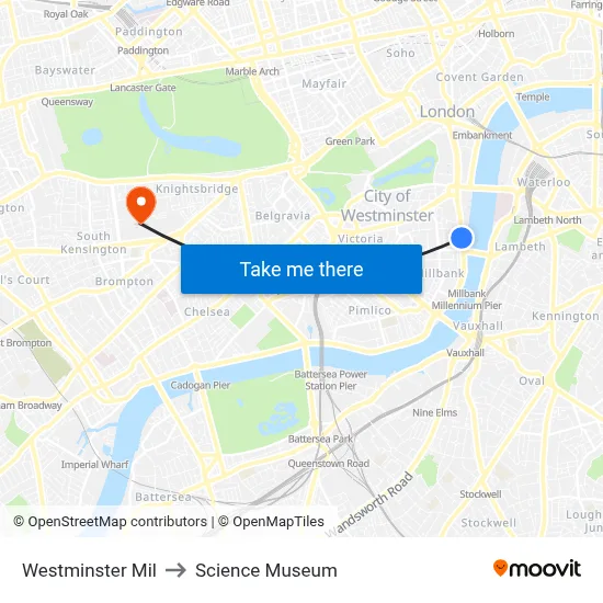 Westminster Mil, Westminster London to Science Museum map