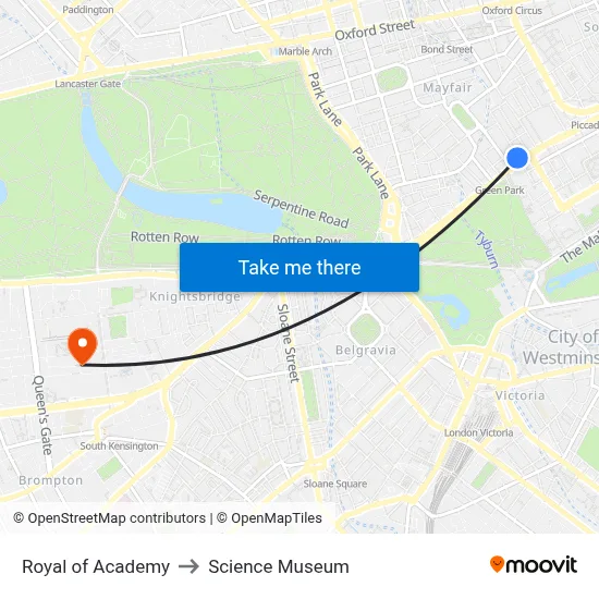 Royal of Academy to Science Museum map