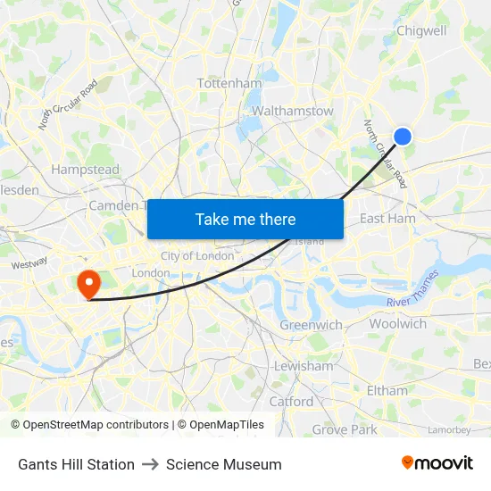 Gants Hill Station to Science Museum map