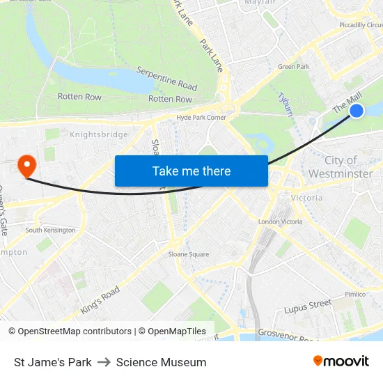 St Jame's Park to Science Museum map