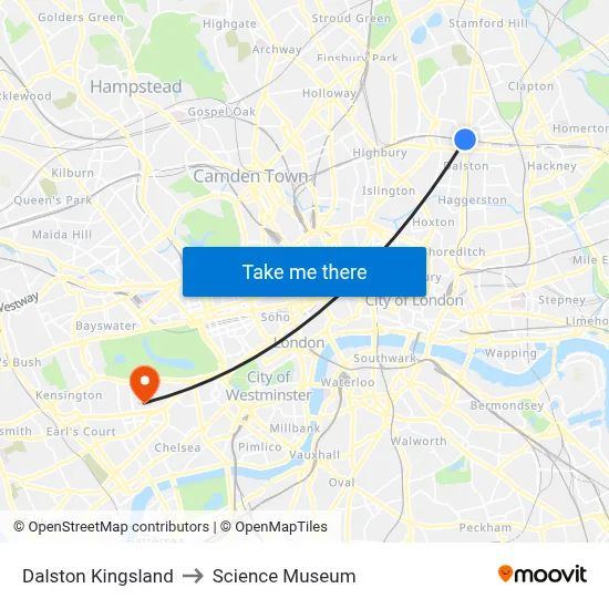 Dalston Kingsland to Science Museum map