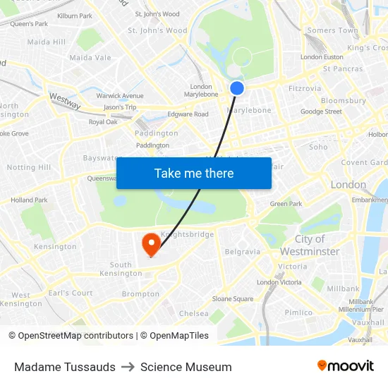 Madame Tussauds to Science Museum map