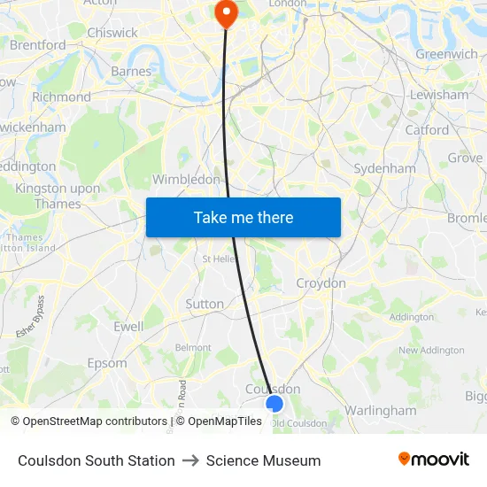 Coulsdon South Station to Science Museum map