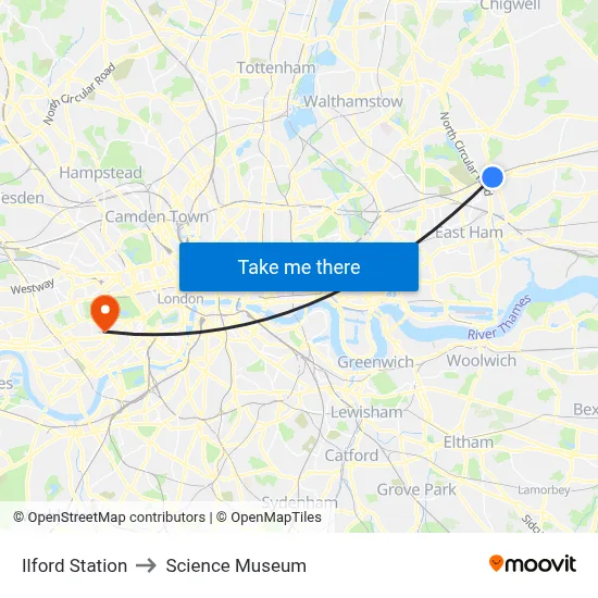 Ilford Station to Science Museum map