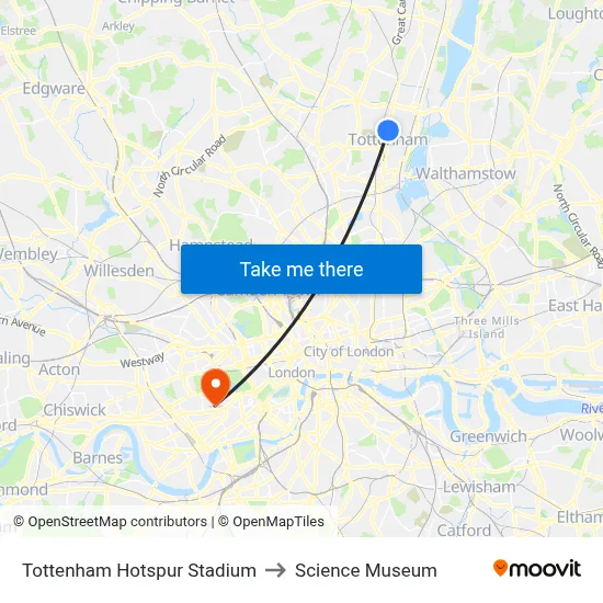 Tottenham Hotspur Stadium to Science Museum map