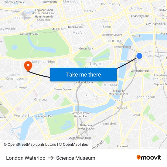 London Waterloo to Science Museum map