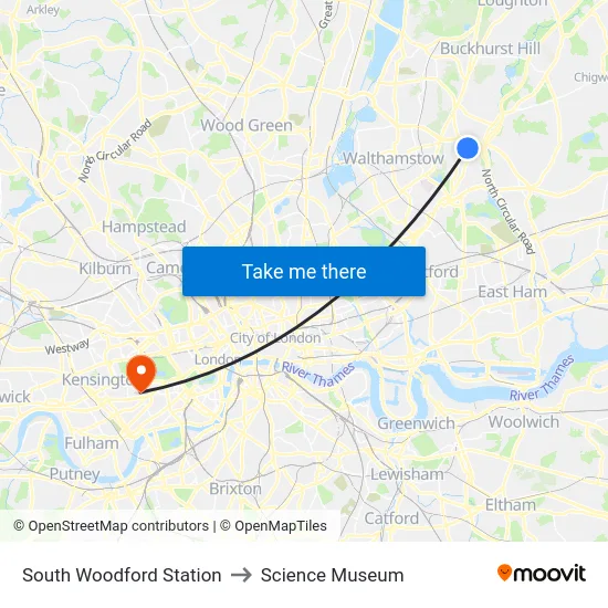 South Woodford Station to Science Museum map