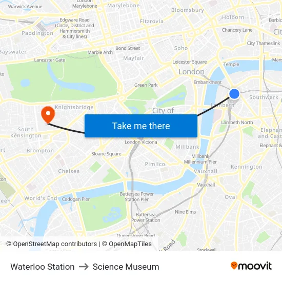 Waterloo Station to Science Museum map