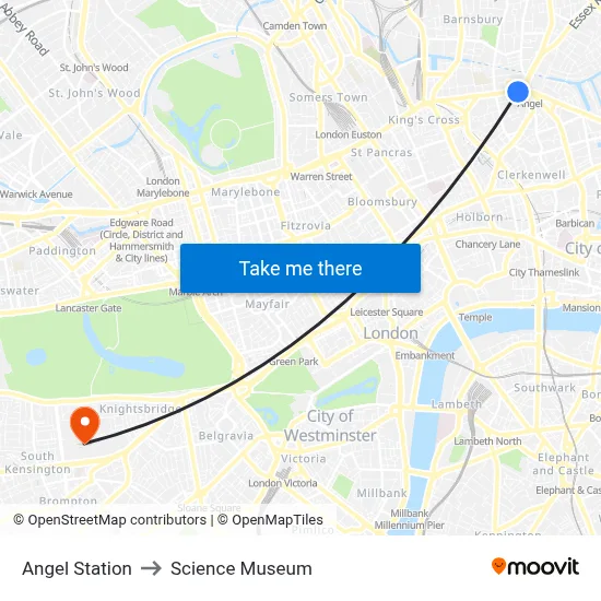 Angel Station to Science Museum map