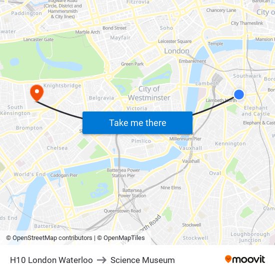 H10 London Waterloo to Science Museum map