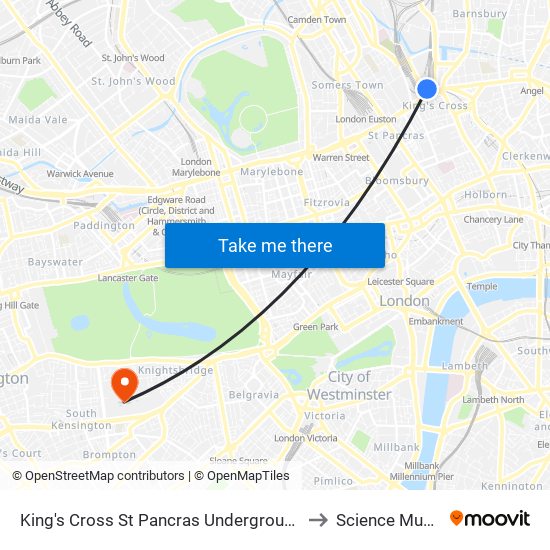 King's Cross St Pancras Underground Station to Science Museum map