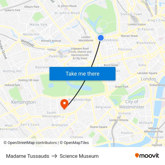 Madame Tussauds to Science Museum map