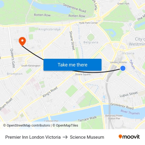 Premier Inn London Victoria to Science Museum map