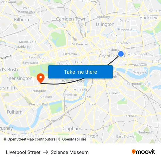Liverpool Street to Science Museum map