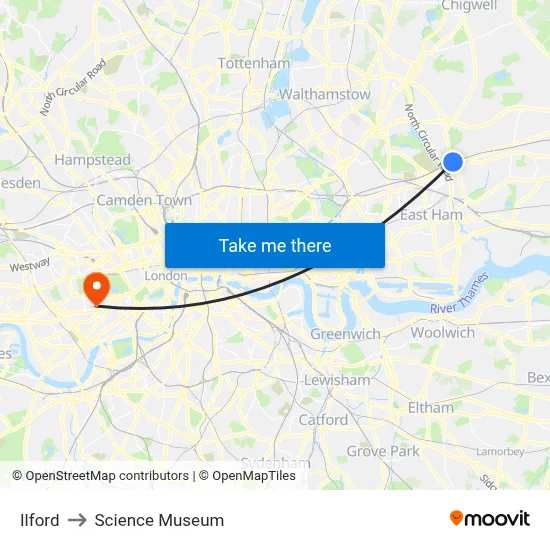 Ilford to Science Museum map