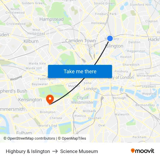 Highbury & Islington to Science Museum map