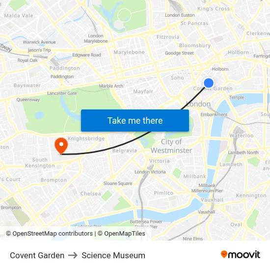 Covent Garden to Science Museum map